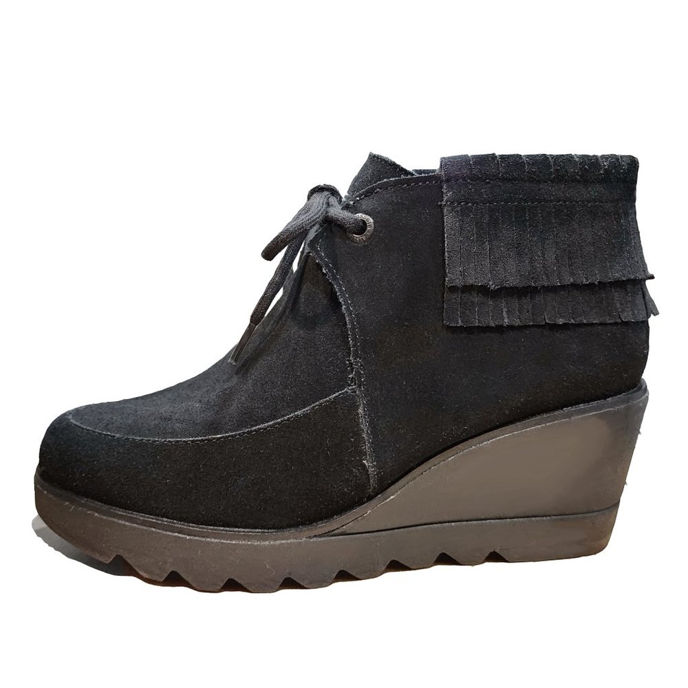 NEW bussola Women Leeds Suede Black Layered Fringe Lace Up Wedge Ankle Bootie